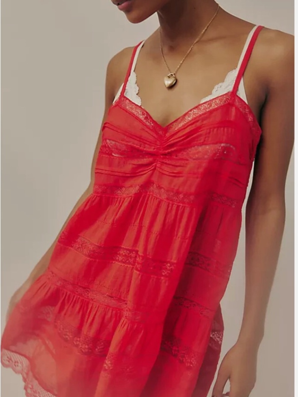 Free People Bright Red Lace-Trim Mini Slip Dress
